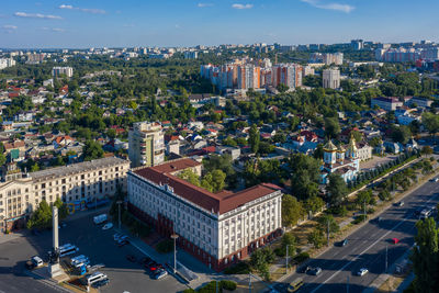 High angle view of street amidst buildings in city