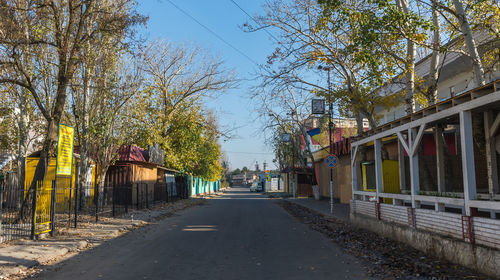 Empty road amidst trees and buildings in city