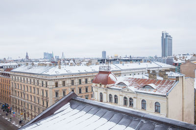 High angle view of buildings in city against sky
