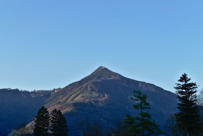 Scenic view of mountains against clear blue sky