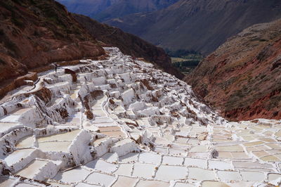 High angle view of landscape with mountain range in background