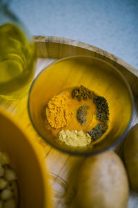 High angle view of eggs in bowl on table