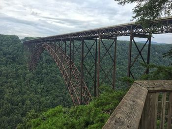 New river gorge bridge over trees against cloudy sky