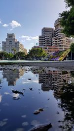 Reflection of buildings on river in city