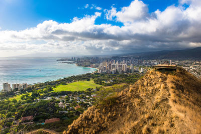 Panoramic view of sea and buildings against sky