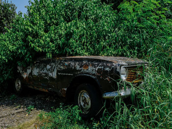 View of abandoned car on field