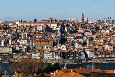 High angle view of buildings in city