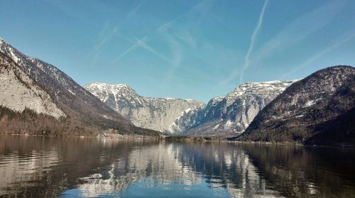 Scenic view of lake and snowcapped mountains against sky