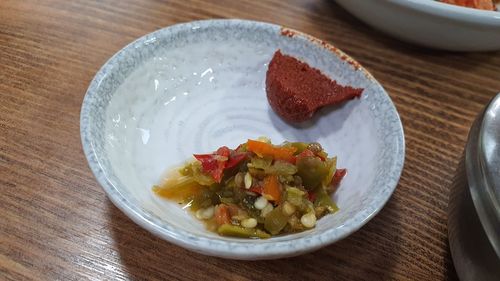 High angle view of salad in plate on table