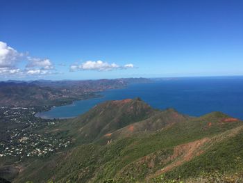 Scenic view of sea and mountains against blue sky