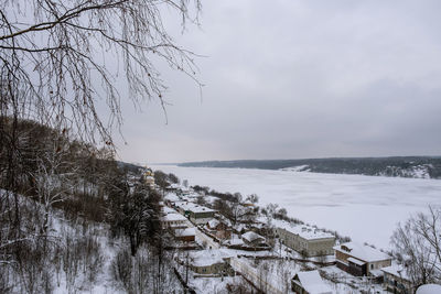 Scenic view of snow covered land against sky