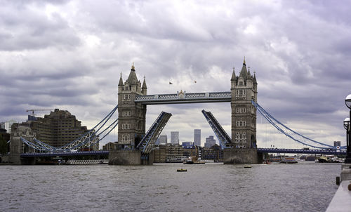 View of open bridge over river against cloudy sky