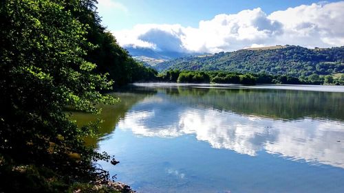 Scenic view of lake against cloudy sky