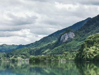Scenic view of lake kochelsee and mountains against sky - reflection