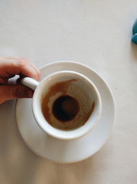 Close-up of hand holding coffee cup on table