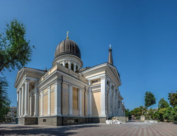 Low angle view of cathedral against clear blue sky