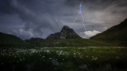 Panoramic view of lake and mountains against sky