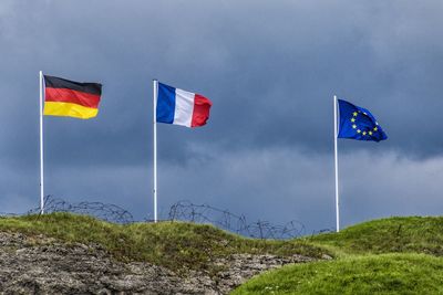 Flags sign on grass against sky