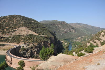 Scenic view of mountains against clear blue sky