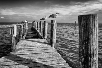 Pier on sea against cloudy sky