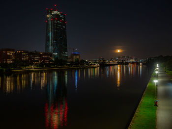 Rising moon behind the european central bank ecb reflecting in the water of the river