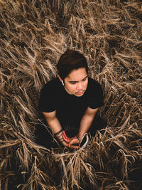 High angle view of woman on field