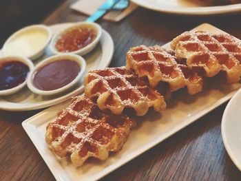 High angle view of waffles served in plate on table