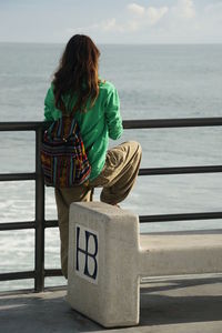 Rear view of woman looking at sea against sky