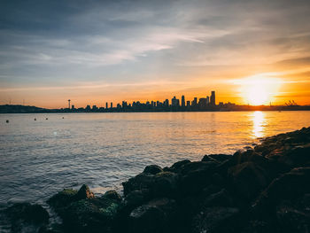 Scenic view of sea by buildings against sky during sunset