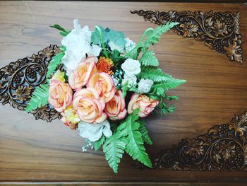 High angle view of rose bouquet on table