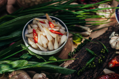 High angle view of chopped vegetables