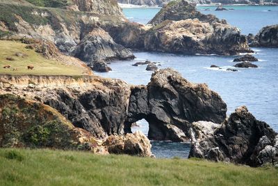 Scenic view of rocks on beach against sky