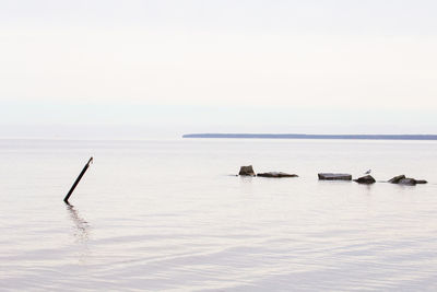 Pole in sea against clear sky