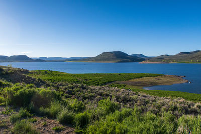 Scenic view of landscape against clear blue sky