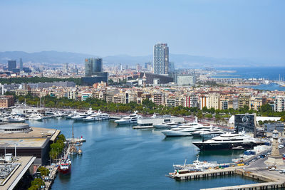 High angle view of city by buildings against sky