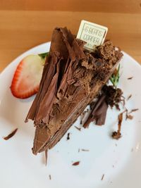 High angle view of chocolate cake in plate