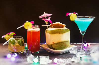 Close-up of fruits served on table