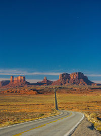 Scenic view of desert against clear blue sky