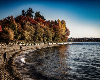 Scenic view of river against clear sky during autumn