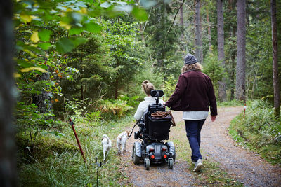 Rear view of male caretaker with disabled woman and dog in forest