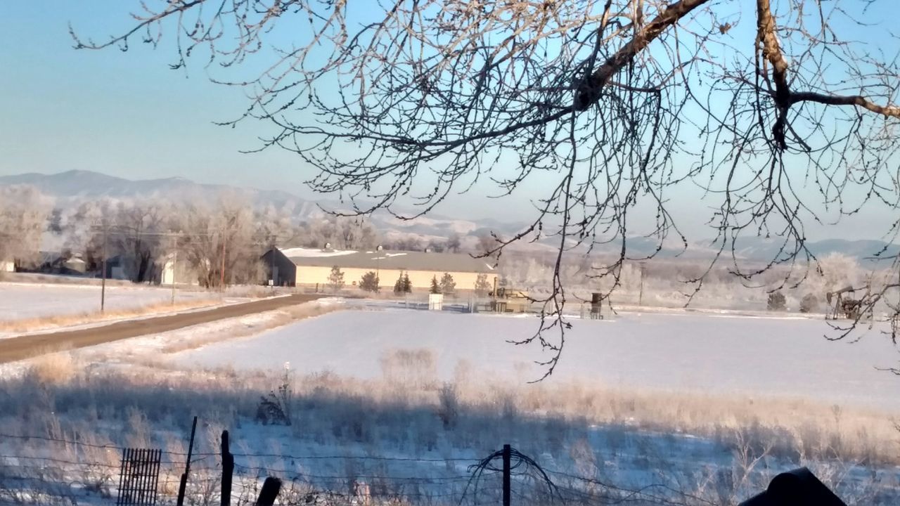 bare tree, snow, winter, cold temperature, tree, landscape, built structure, nature, tranquility, mountain, architecture, building exterior, season, tranquil scene, clear sky, scenics, field, weather, beauty in nature, sky