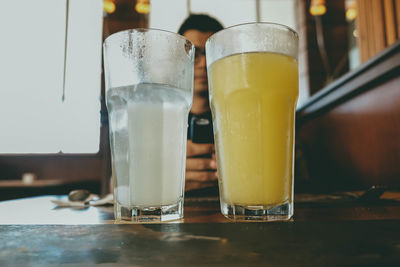 Close-up of beer in glass on table