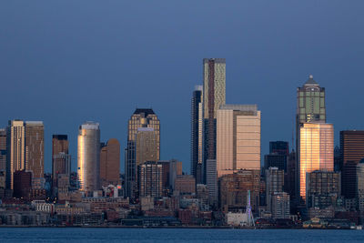 Modern buildings in city against clear sky