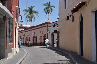 Footpath amidst palm trees and buildings in city