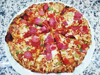 High angle view of pizza on table