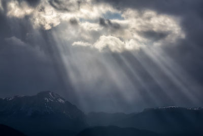 Low angle view of snowcapped mountains against sky