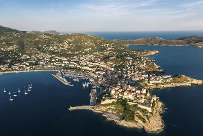 France, haute-corse, calvi, aerial view of town on shore of corsica island