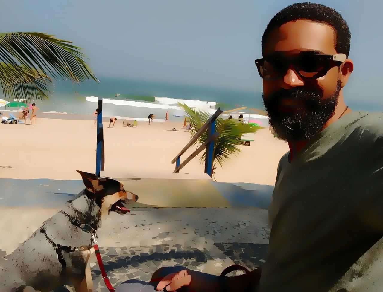 DOG ON BEACH AGAINST SKY