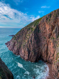 Rock formations by sea against sky