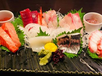 Close-up of seafood served on table